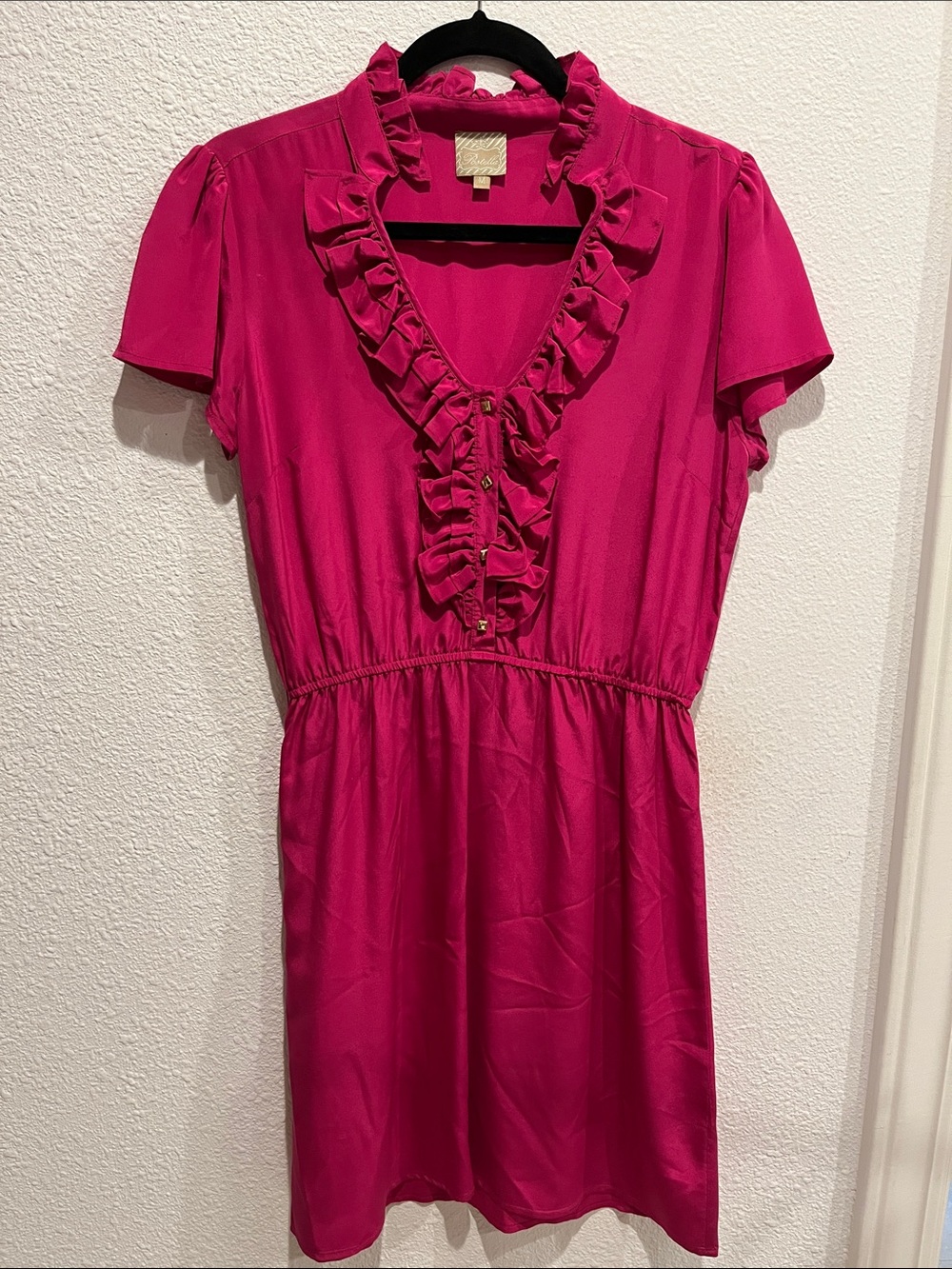 Women’s Ruffle Silk V-Neck Dress in Hot Pink
